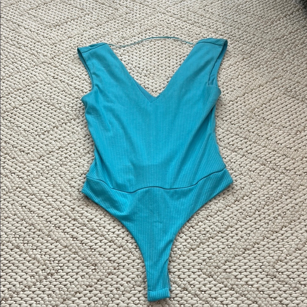 AFRM Blue Bodysuit One Piece V-Neck Sleeveless